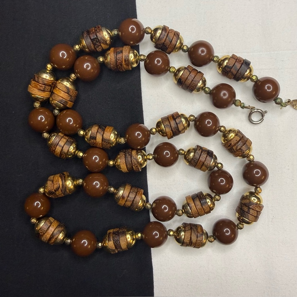 Alexis Kirk Brown & Gold Beads with Wood Disks Necklace 34” Long-Vintage